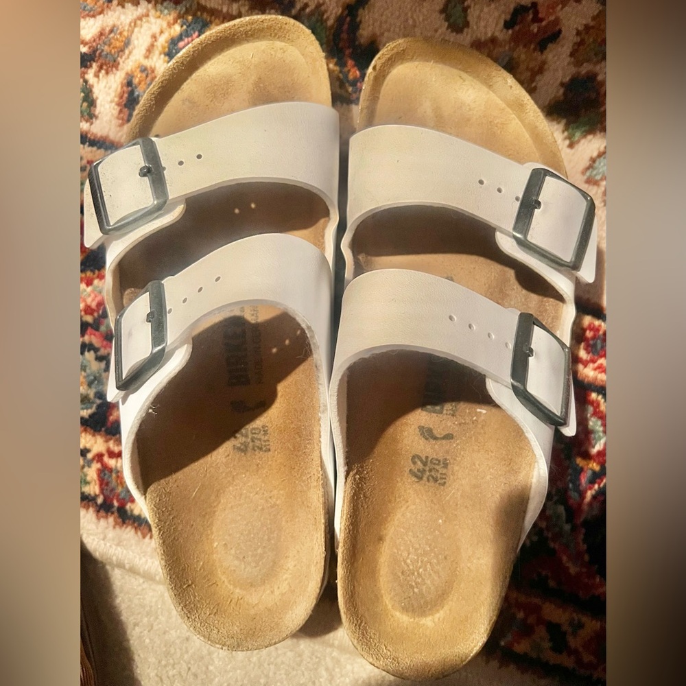 Birkenstock White Arizona Two-Strap Sandals with Metal Buckles